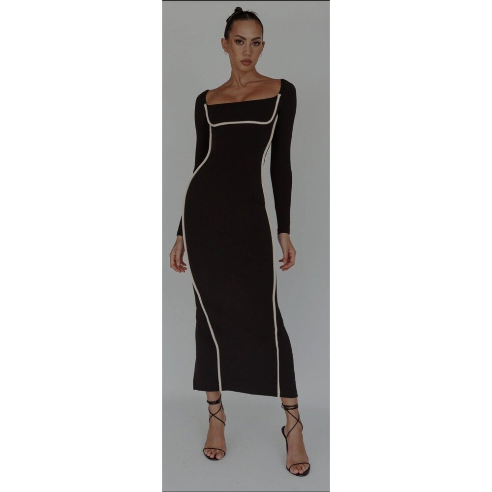 SELFIE LESLIE Sunny Coast Long Sz M Sleeve Piping Maxi Dress Black NWT